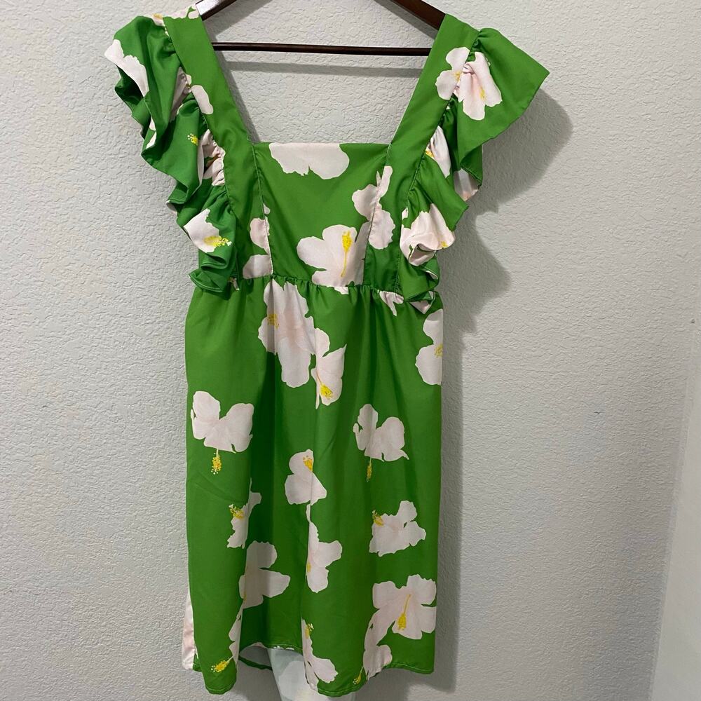 The Lulo Project Dress Green Hibiscus Floral Ruffles Dress Size L Smocked Back * - Picture 2 of 10